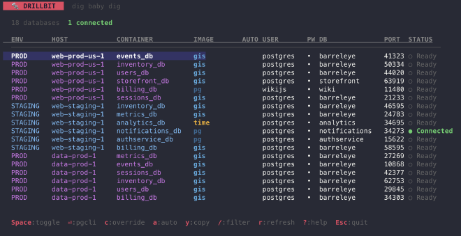 DrillBit TUI showing discovered databases