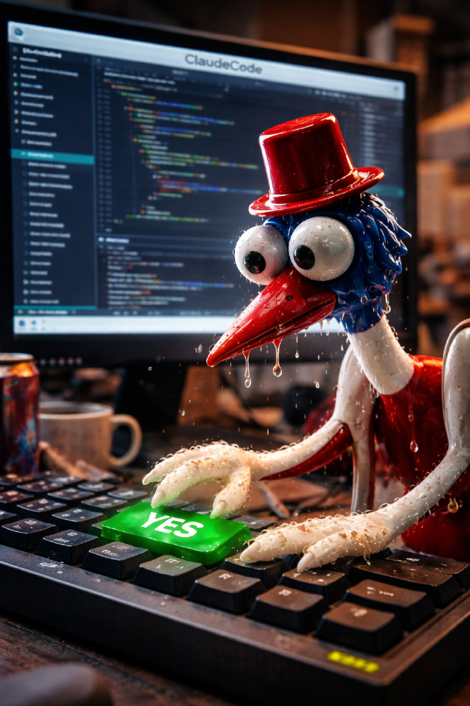 A drinky bird tapping the YES key on a keyboard in front of Claude Code